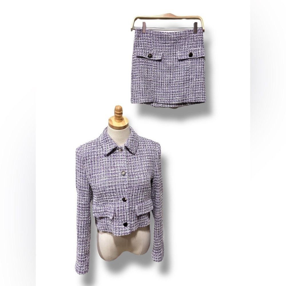 Zara Chic Purple Tweed Blazer Jacket and Mini Skirt Set Size XS/S